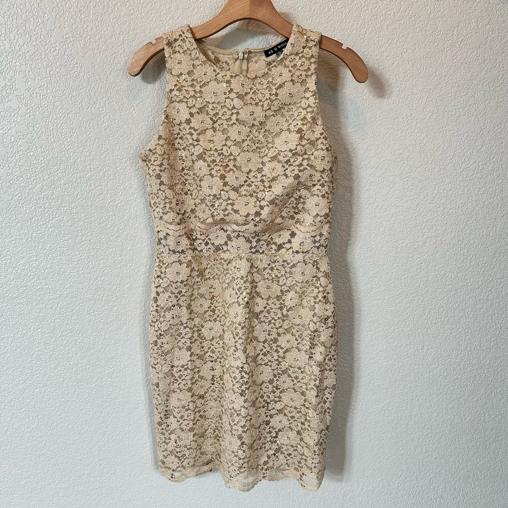 As U Wish Gold Champagne Lace Sequin Cocktail Holiday Dress Size M
